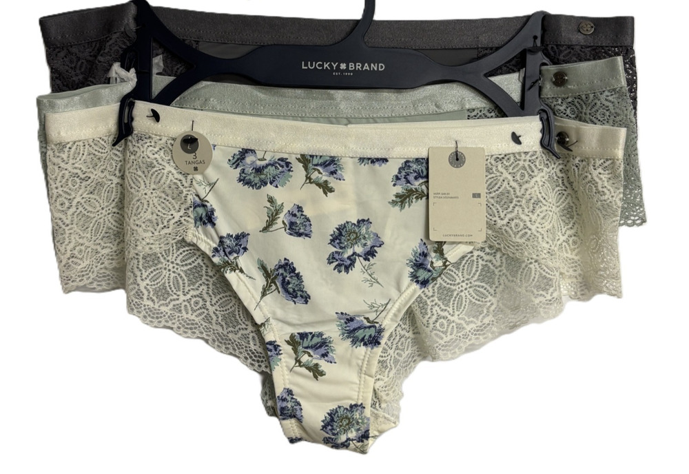 Lucky Brand Tanga Panties Women's L Black Gray Cream Floral Cheeky Lace 3pk NEW